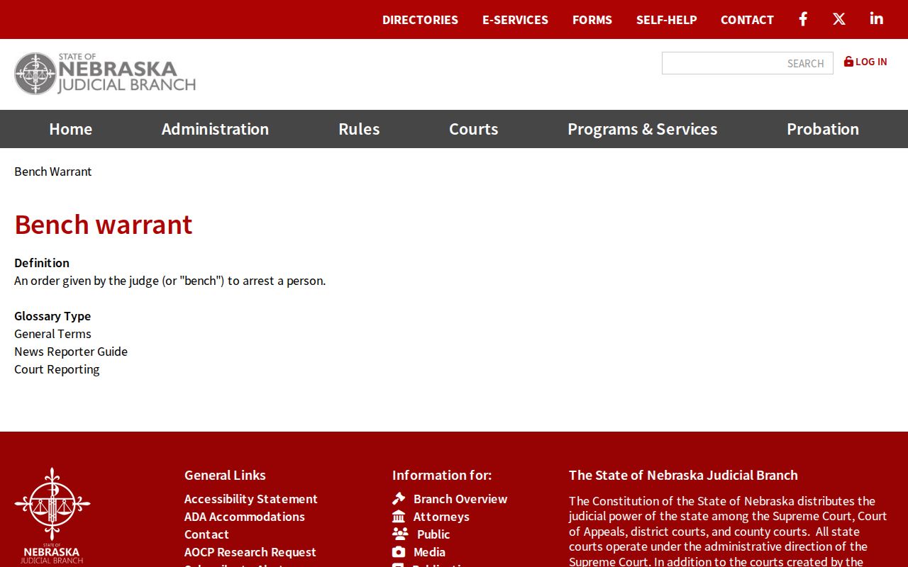 Boyd County bench warrant search official Nebraska definition