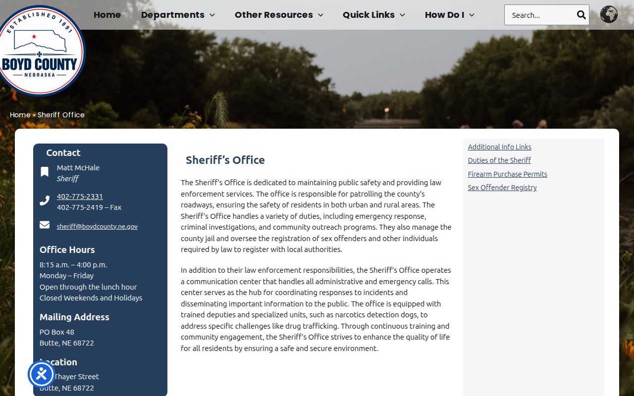 Boyd County warrant records sheriff office contact page